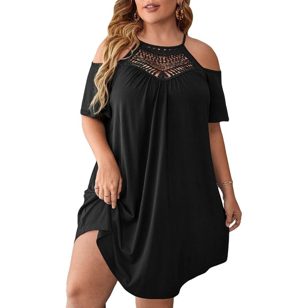 Women's Plus Size Summer Dress Contrast Lace Cold Shoulder Casual T Shirt